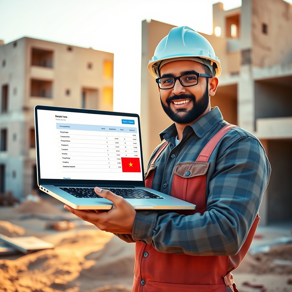 Entrepreneur marocain consultant un devis en ligne Maroc sur son ordinateur portable au milieu d'un chantier de construction, illustrant la digitalisation des propositions commerciales.
