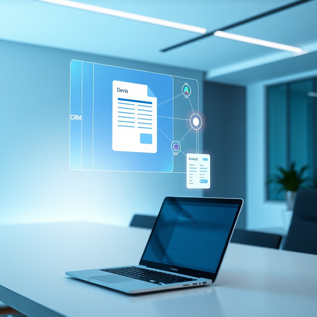 Illustration of automatisation devis facture showcasing a streamlined digital workflow from quote to invoice with integrated CRM and ERP systems