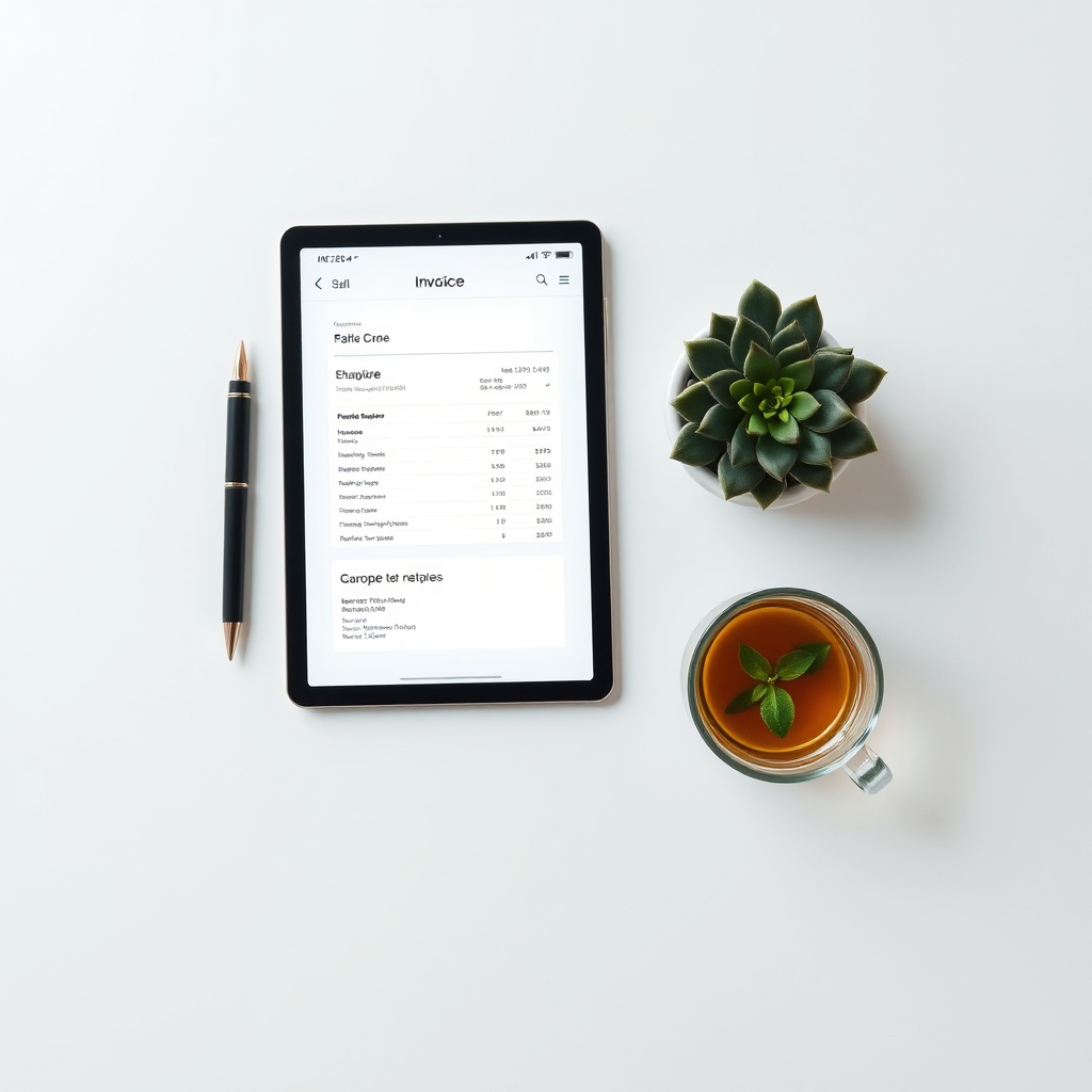 Espace de travail organisé avec une tablette affichant la facturation électronique et un logiciel de comptabilité au Maroc.