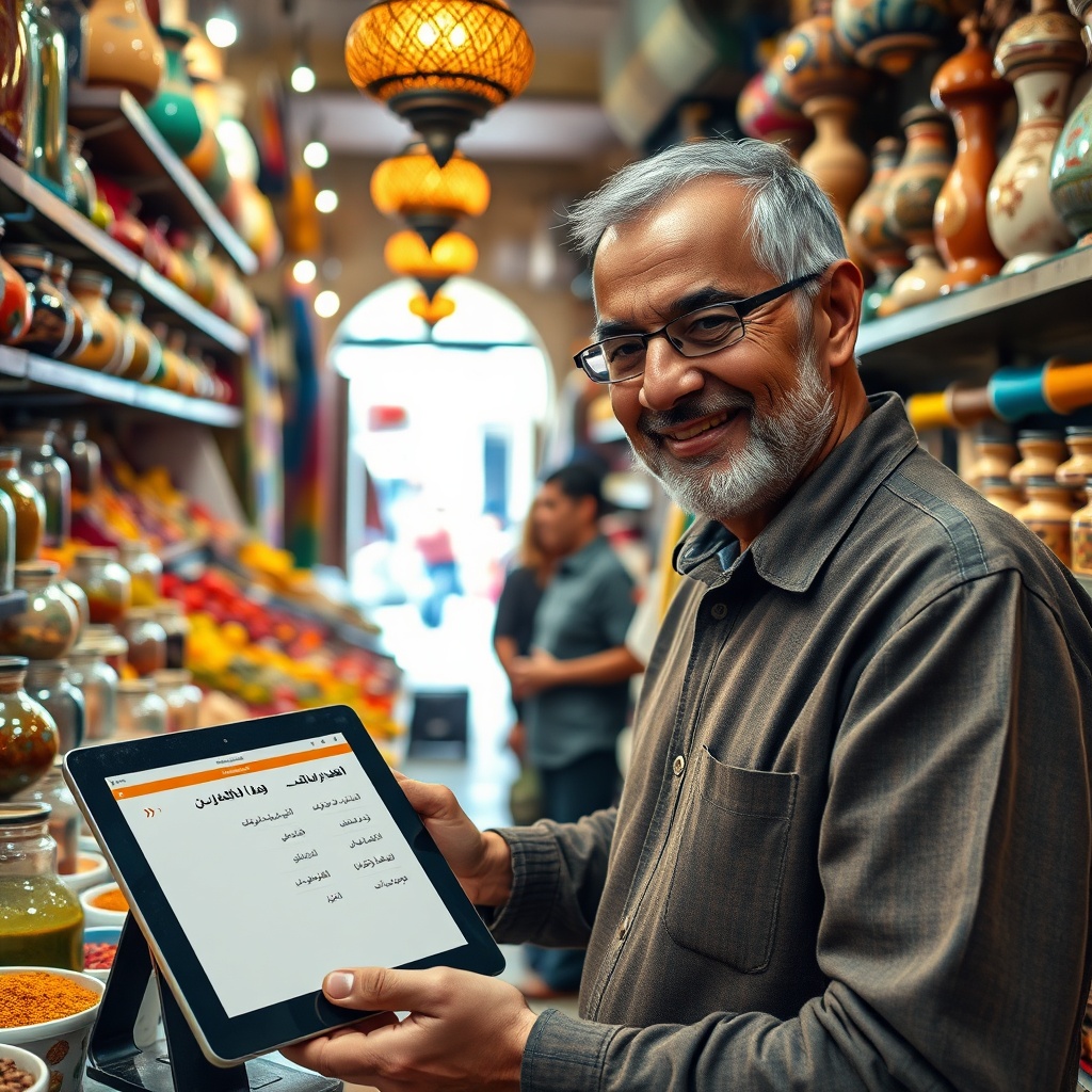 Moroccan shopkeeper using a POS system integrated with a logiciel de gestion commerciale to streamline sales in a Marrakech retail shop