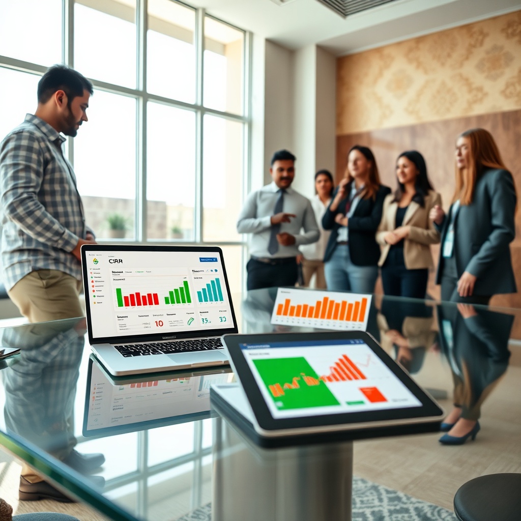 Équipe de PME marocaine utilisant un CRM et des outils d'analyse pour la gestion commerciale PME Maroc, illustrant la digitalisation et le pricing localisé