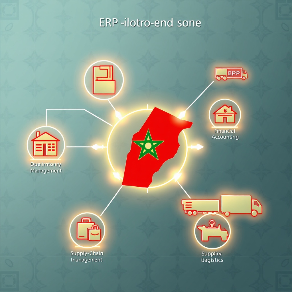 Diagramme illustrant les avantages ERP PME Maroc, avec flux de données intégrés pour la logistique, la finance et la conformité fiscale