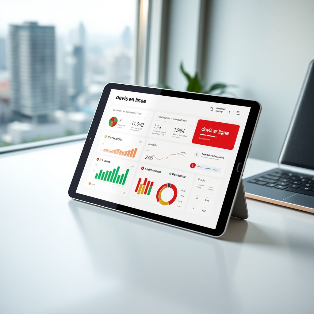 Tablette affichant un tableau de bord de devis en ligne Maroc, avec plusieurs propositions commerciales numériques pour des projets de construction et de services.