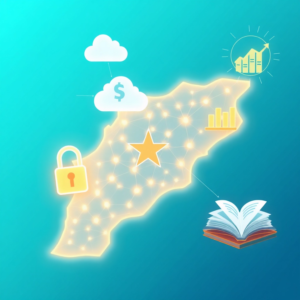 Graphic of transformation digitale PME Maroc highlighting cloud solutions, security, financing and training resources for Moroccan small and medium enterprises