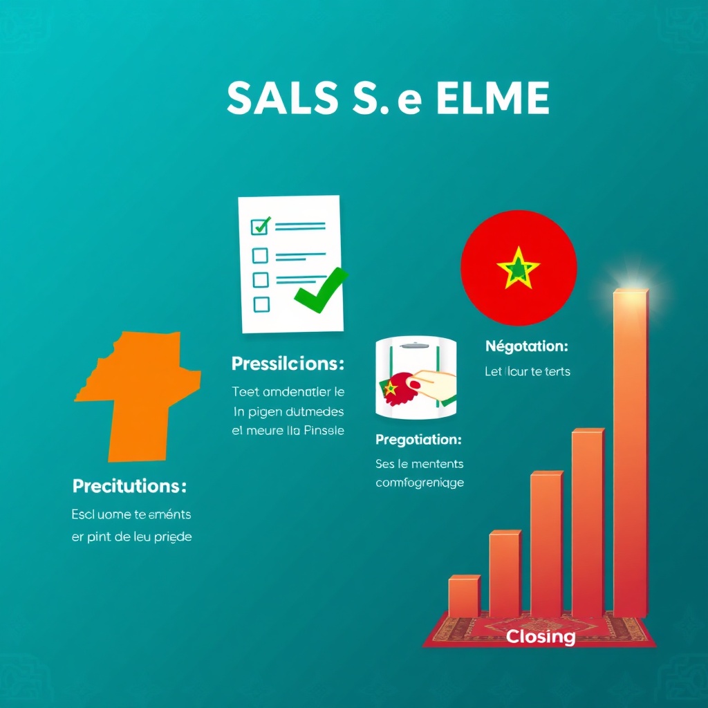 Infographie détaillant le processus de vente en cinq étapes pour la gestion commerciale PME au Maroc, incluant prospection, qualification, proposition, négociation et clôture