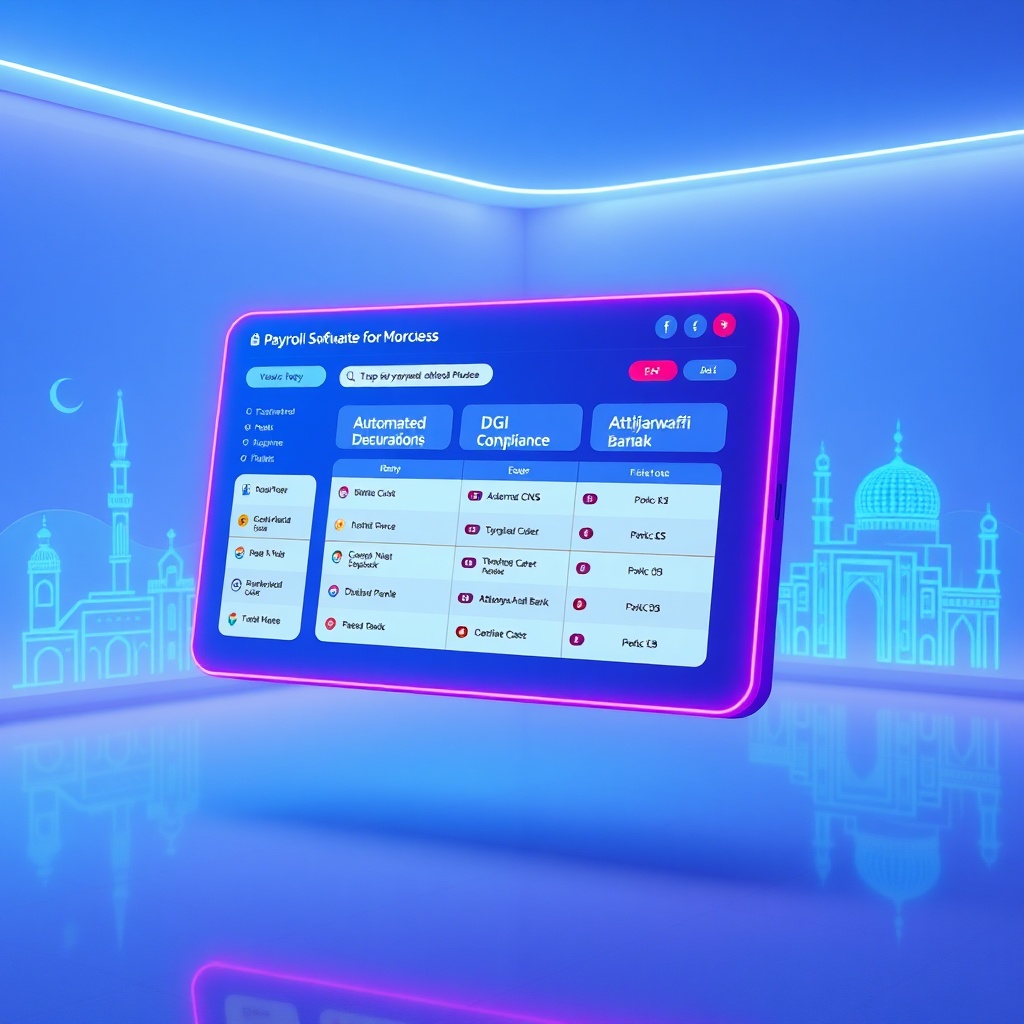 Futuristic dashboard comparing top Moroccan payroll software with automated compliance features