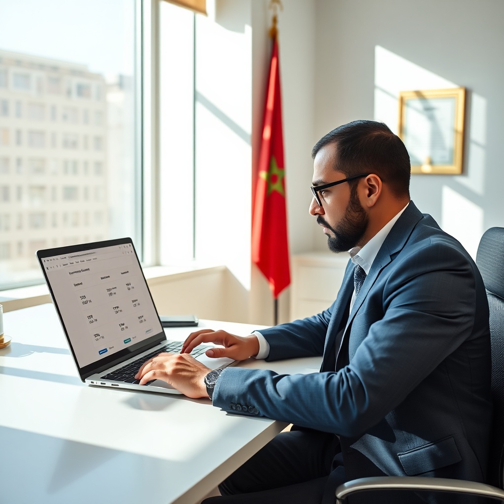 Employé marocain remplissant la déclaration de TVA au Maroc sur le portail en ligne de la DGI, avec affichage des taux de TVA standard, réduit et spécial