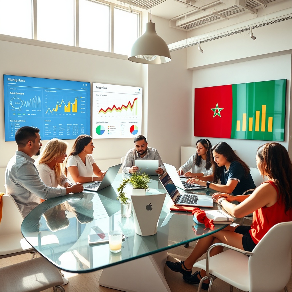 Illustration of transformation digitale PME Maroc showing a Moroccan small business team using laptops, tablets and analytics dashboards in a modern, sun‑lit office