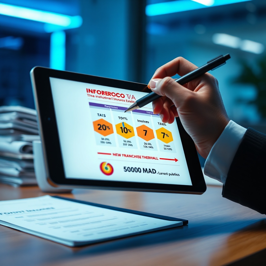 Infographie interactive illustrant la déclaration de TVA au Maroc avec les différents taux et le seuil de franchise, visualisée sur une tablette