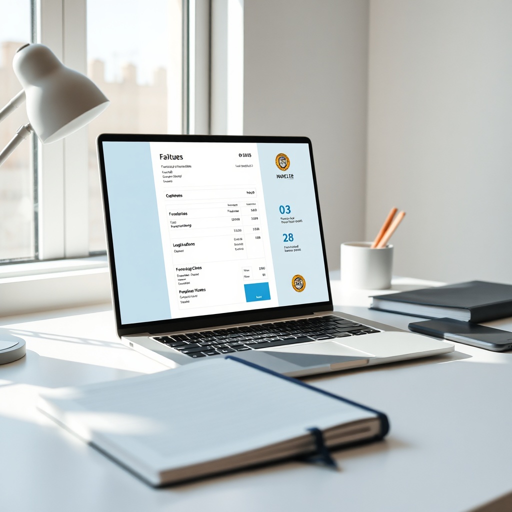 Interface de logiciel facturation auto-entrepreneur maroc affichant un modèle de facture conforme avec le numéro ICE et les champs fiscaux obligatoires sur un bureau moderne