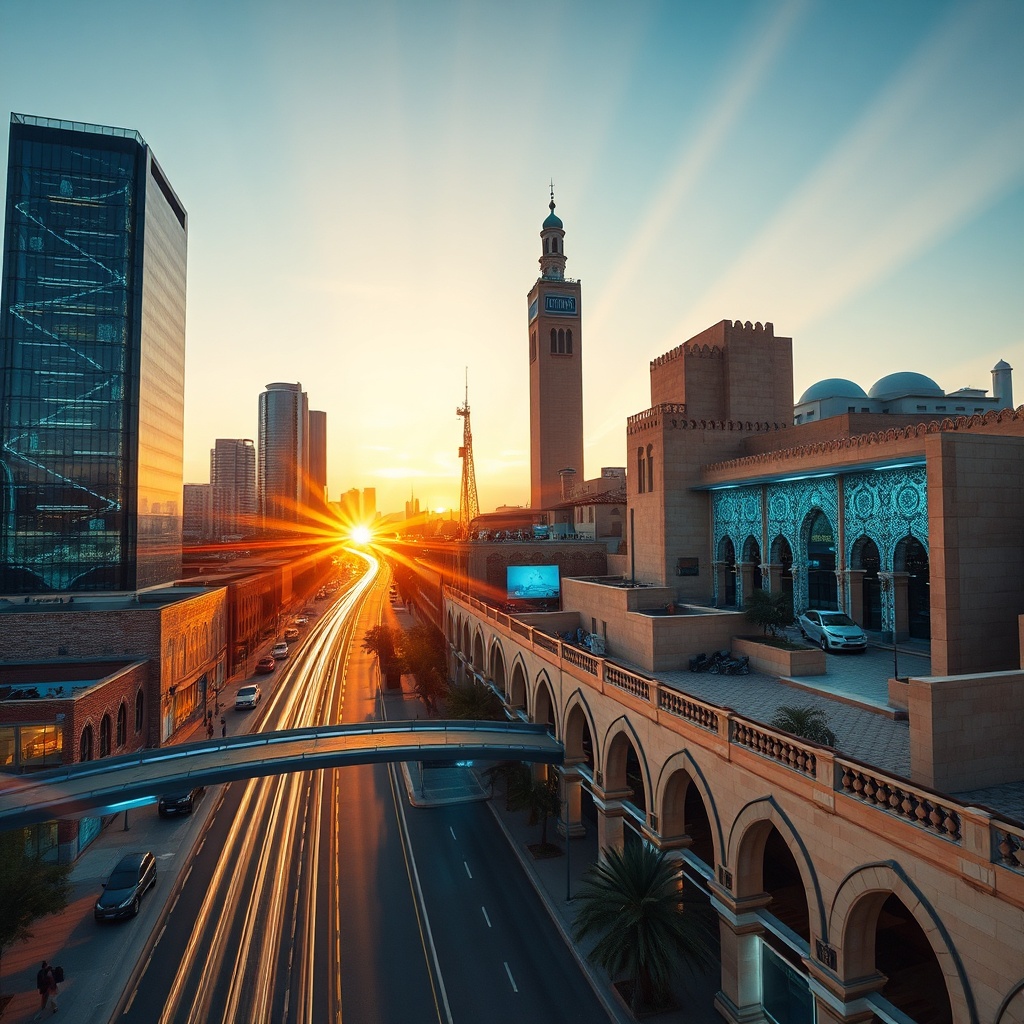 Illustration of digitalisation Maroc featuring modern data centers, high-speed connectivity networks, and cloud infrastructure integrated into a contemporary Moroccan cityscape, highlighting dematerialized public services and national technological transformation.