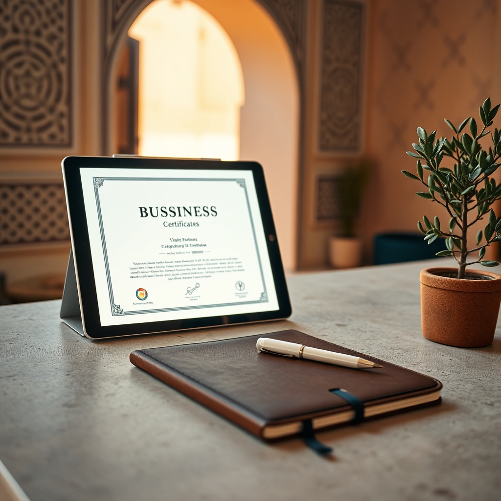Vue rapprochée d'un espace de travail moderne où un professionnel consulte son certificat numérique pour créer auto entreprise maroc, symbolisant l'autonomie et le régime fiscal avantageux.
