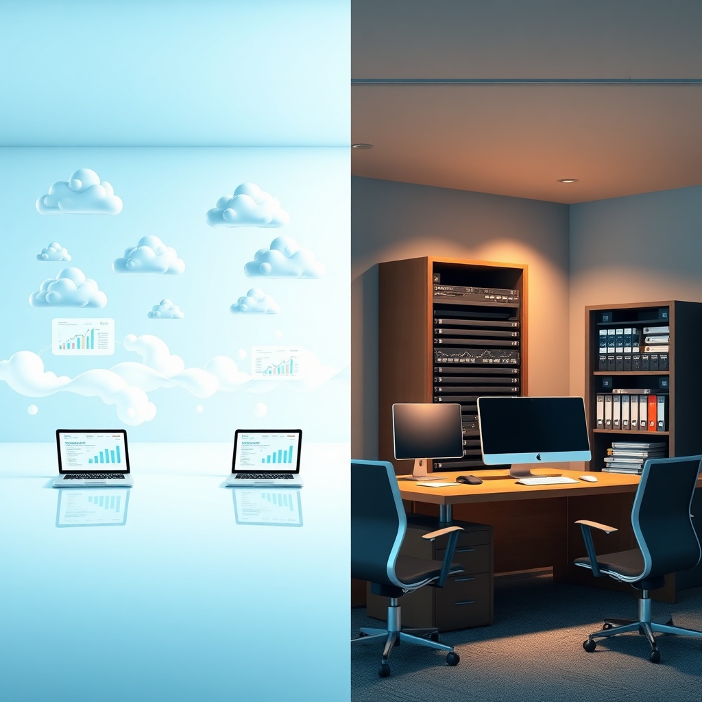 Comparaison visuelle entre un logiciel comptable cloud ou local pour les PME, illustrant la flexibilité numérique et les abonnements récurrents face au contrôle physique des données et aux licences perpétuelles.