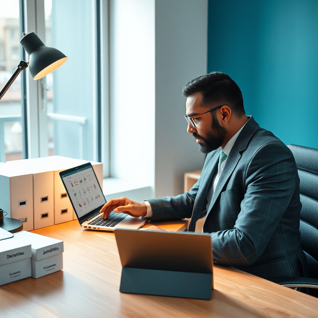 Entrepreneur vérifiant en ligne ses obligations fiscales DGI sur un portail officiel sécurisé, entouré de dossiers comptables rangés et d'interfaces numériques pour les déclarations et paiements électroniques.