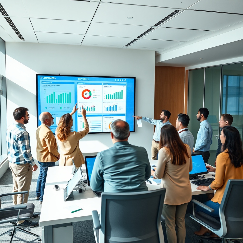 Business leaders and technical experts reviewing facturation électronique implementation strategies on interactive dashboards, highlighting structured XML-PDF hybrid formats and system integration for regulatory compliance.