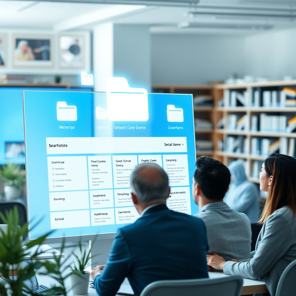 Une équipe professionnelle exploitant une interface de gestion documentaire numérique pour classer, archiver et partager des fichiers électroniques de manière sécurisée et centralisée dans un environnement de travail moderne.