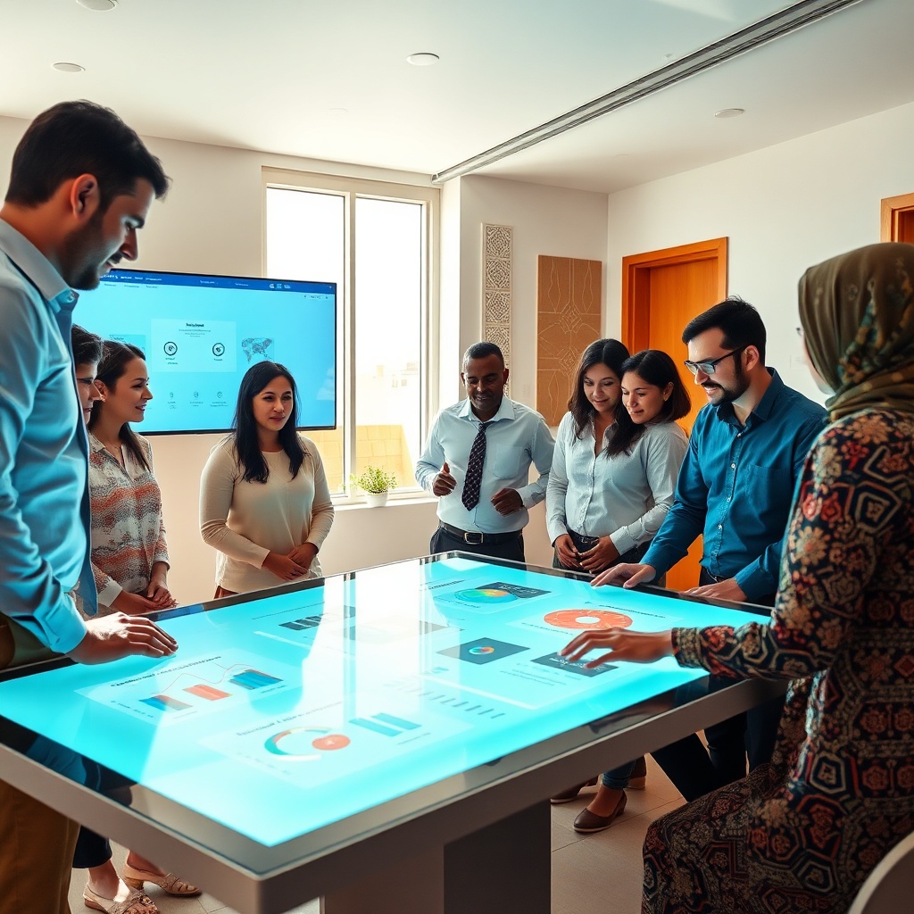 Scene illustrating digitalisation Maroc through SME managers and civil servants collaborating on cloud-based platforms and dematerialized administrative workflows, emphasizing digital skills development and citizen-centered service delivery.