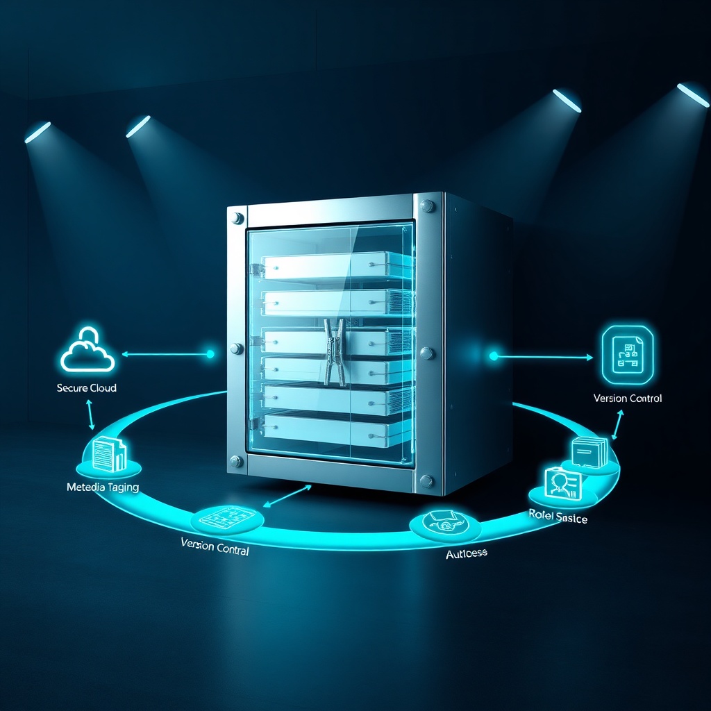 Visualisation d'un système de gestion documentaire numérique automatisé montrant le cycle de vie complet des documents, de la capture à l'archivage sécurisé, avec métadonnées et contrôle d'accès intégré.