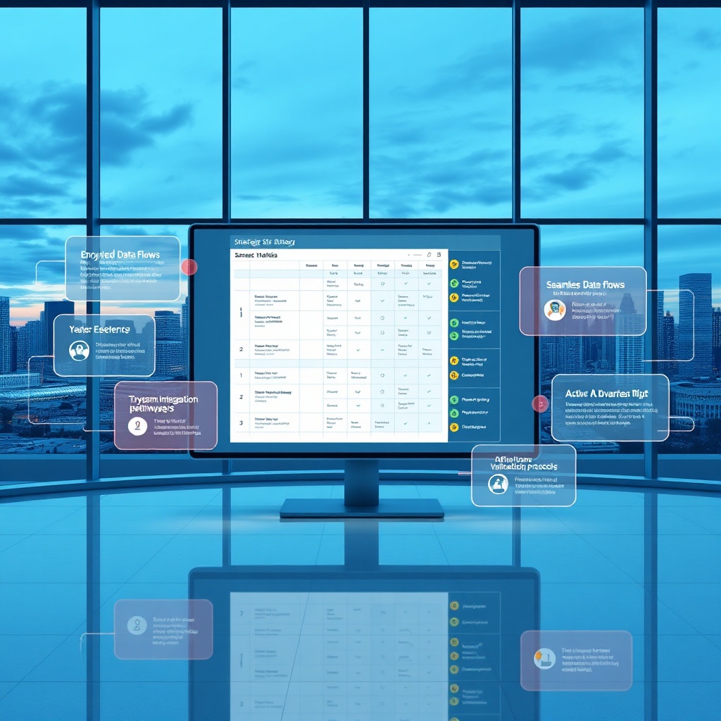 Interactive dashboard visualizing a structured software evaluation process, highlighting AI governance, data privacy compliance, and system interoperability for optimized vendor assessment.