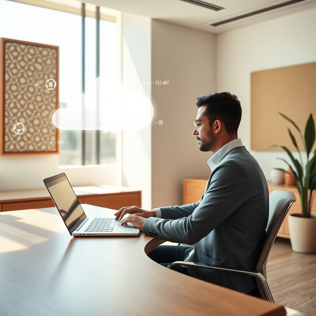 Un comptable utilise une solution quickbooks cloud maroc sur un ordinateur portable dans un bureau lumineux, illustrant la transition vers la comptabilité numérique et l'accès sécurisé aux données fiscales marocaines.