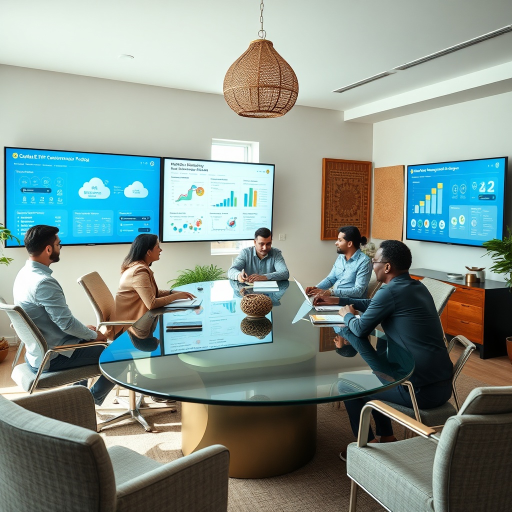 Collaboration d'équipe utilisant des logiciels de gestion digitale et d'automatisation pour accompagner la digitalisation des PME au Maroc