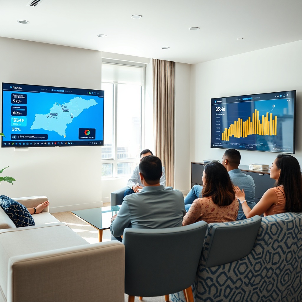 Stratégie de digitalisation pme maroc illustrée par des écrans montrant l'expansion commerciale, la connexion client et la planification logistique dans un espace de travail moderne.
