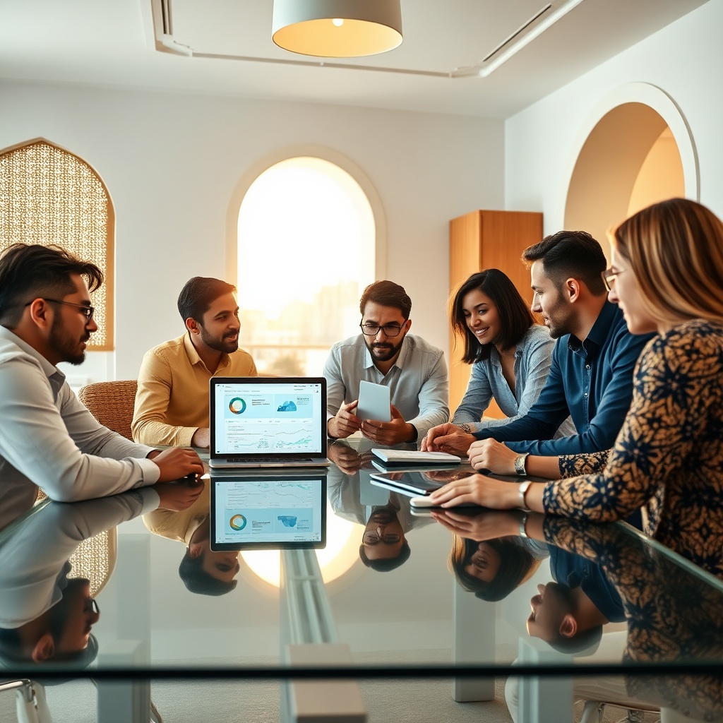 Accompagnement et mise en œuvre de la digitalisation PME Maroc : une équipe collaborative exploite des outils numériques pour booster la productivité et la visibilité commerciale.