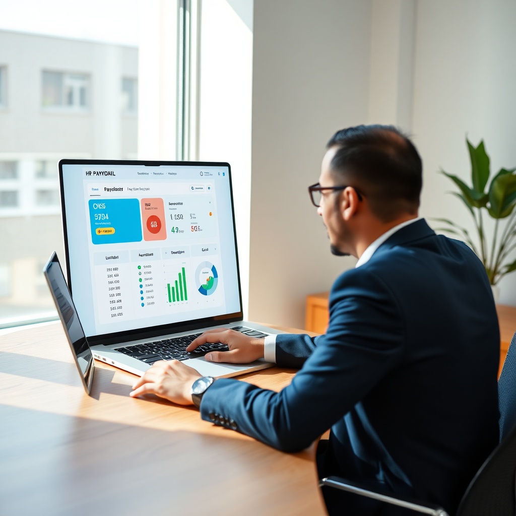 Interface intuitive d'un logiciel de paie maroc affichant le calcul des salaires et les déclarations sociales CNSS dans un environnement de travail moderne.