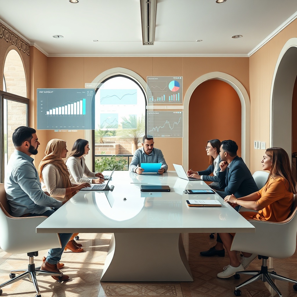 Équipe professionnelle marocaine en pleine réunion stratégique autour de tableaux de bord numériques et de données interactives, illustrant la digitalisation des entreprises au Maroc et l'intégration technologique dans les processus métier.
