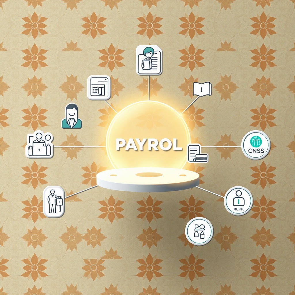 Représentation visuelle d'un logiciel de paie maroc intégrant la gestion RH, la comptabilité et les obligations légales auprès des organismes sociaux.
