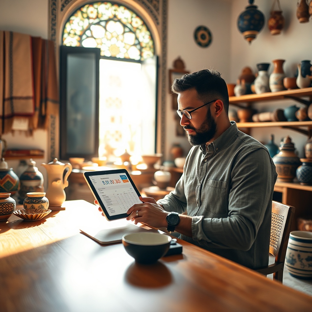 Un entrepreneur marocain utilisant une tablette pour la digitalisation pme maroc, avec un tableau de bord numérique affichant facturation et gestion de stock dans un atelier lumineux.